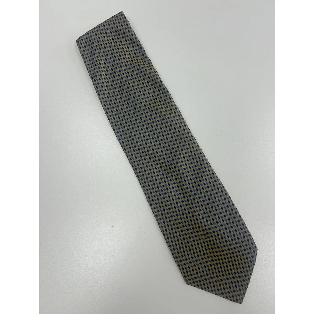 Bergamo New York Pure Silk Tie Vintage Geometric Blue Taupe Handmade Necktie
